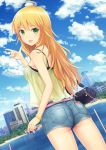  1girl ass bag bare_arms blonde_hair blush bra_strap building clouds dutch_angle green_eyes handbag highres hoshii_miki idolmaster long_hair looking_at_viewer looking_back n.g. open_mouth see-through short_shorts shorts sky solo spaghetti_strap thighs water wristband 