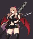  1girl bat_wings black_legwear blonde_hair breasts buckle buttons cleavage dungeon_and_fighter grey_background hand_on_hip highres long_hair miniskirt navel panties parted_lips red_eyes shaojiang simple_background skirt solo thigh-highs underwear weapon white_panties wings 