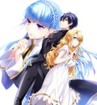  1boy 2girls adjusting_necktie back-to-back blonde_hair blue_eyes blue_hair braid cover cover_page dress formal hands_clasped knife kuroemon long_hair multiple_girls necktie official_art shinmai_shachou_no_perfect_game short_hair suit violet_eyes wavy_hair white_background white_dress yellow_eyes 