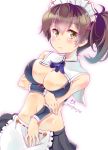  1girl :&lt; adapted_costume alternate_costume apron artist_name blush breasts brown_hair closed_mouth covering covering_crotch cuffs highres imu_sanjo kaga_(kantai_collection) kantai_collection large_breasts long_hair looking_at_viewer maid maid_apron maid_headdress midriff navel ribbon ribbon-trimmed_apron ribbon_trim side_ponytail signature skirt solo uniform white_background wrist_cuffs wristband 