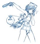  bbb_(friskuser) diving_mask diving_mask_on_head glance gun kantai_collection maru-yu_(kantai_collection) monochrome motion_lines open_mouth school_swimsuit short_hair simple_background sketch small_breasts swimsuit weapon 