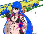  1girl akairiot artist_name bikini black_bikini black_gloves blue_hair breasts cigarette cleavage gloves hand_on_hip hime_cut inkling jewelry long_hair looking_at_viewer mask navel necklace over_shoulder paint paint_roller paintbrush pointy_ears simple_background smoking solo splatoon swimsuit tentacle_hair water_gun weapon weapon_over_shoulder white_background 