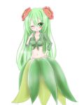 bellossom blush breasts cleavage flower front-tie_top green_eyes green_hair groin hair_flower hair_ornament hand_on_hip long_hair navel one_eye_closed personification pokemon shirt skirt very_long_hair 