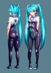  1girl aqua_eyes aqua_hair ass blush bodysuit covered_navel hatsune_miku headset highres long_hair nail_polish pigeon-toed solo tattoo twintails very_long_hair vocaloid 