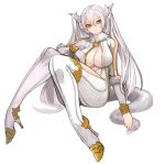  1girl blonde_hair breasts cleavage final_fantasy final_fantasy_xi fur_trim galka high_heels horns long_hair pointy_ears pupps sitting smile solo tail white_background white_hair 