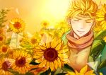  artist_name blonde_hair caesar_anthonio_zeppeli closed_eyes facial_mark field flower flower_field headband jojo_no_kimyou_na_bouken scarf sun sunflower tianel_ent triangle 