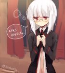  1girl curtains glasses heidimarie_w_schnaufer kodamari long_hair long_sleeves looking_down military military_uniform navel necktie red_eyes solo strike_witches thought_bubble translation_request twitter_username undressing uniform white_hair window 