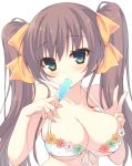  1girl blush breasts brown_hair eating green_eyes large_breasts long_hair looking_at_viewer miko_92 nail_polish original popsicle simple_background skindentation solo twintails upper_body v white_background 