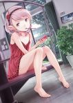  1girl bare_shoulders barefoot cellphone dress flower hair_flower hair_ornament hairband mouth_hold original phone plant pointy_ears purple_hair rose short_hair sitting solo stairs toothbrush tree violet_eyes window 