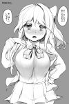  1girl blush breasts danbo_(rock_clime) hair_ribbon hand_on_hip highres kantai_collection large_breasts looking_at_viewer monochrome naganami_(kantai_collection) open_mouth ribbon skirt solo translation_request 