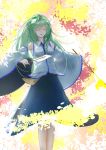  1girl absurdres ase_tou_mi_kaameru autumn_leaves bare_shoulders closed_eyes detached_sleeves frog frog_hair_ornament gohei green_hair hair_ornament highres kochiya_sanae long_hair snake snake_hair_ornament solo touhou 