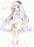  1girl blue_eyes bouquet dress flower happy_birthday highres key_(company) little_busters!! long_hair maruma_(maruma_gic) noumi_kudryavka silver_hair sitting 