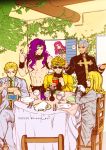  artist_name bag blonde_hair blue_eyes diavolo dio_brando drinking_glass enrico_pucci fork formal french_fries funny_valentine gloves grey_hair headband ivy jojo_no_kimyou_na_bouken kars_(jojo) kira_yoshikage knife mcdonald&#039;s musical_note napkin necktie paper_bag pink_hair plant plate purple_hair scarf severed_hand sparkle speech_bubble suit sunglasses tianel_ent tongue tongue_out wine_bottle wristband 
