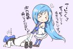  &gt;_&lt; aoi_mimi blue_hair commentary_request detached_sleeves dragging flying_sweatdrops kantai_collection long_hair long_sleeves sailor_collar sailor_dress samidare_(kantai_collection) simple_background thigh-highs translation_request 