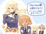  &gt;_&lt; 3girls :d ahoge amelie_planchard blonde_hair blush cravat flower flying_sweatdrops glasses kodamari long_hair long_sleeves lynette_bishop military military_uniform multiple_girls necktie open_mouth perrine_h_clostermann short_hair smile sparkle strike_witches translation_request uniform 