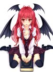  1girl absurdres bat_wings black_legwear blush book breasts cleavage dress_shirt head_wings high_heels highres kitou_kaitai koakuma large_breasts long_hair long_sleeves looking_at_viewer mary_janes necktie open_mouth red_eyes redhead shirt shoes simple_background sitting skirt solo thigh-highs touhou vest wariza white_background wings zettai_ryouiki 