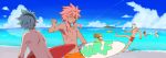  6+boys barefoot beach blue_hair blue_sky brown_hair clouds crossover english fudou_akio goggles goggles_on_head grin hairlocs hakuryuu_(inazuma_eleven) horizon idomajin inazuma_eleven inazuma_eleven_(series) kidou_yuuto long_hair male_focus multicolored_hair multiple_boys one_eye_closed otomura_gakuya outdoors pink_hair ponytail sakuma_jirou short_hair shuu_(inazuma_eleven) sky smile surfboard time_paradox tsunami_jousuke two-tone_hair water 