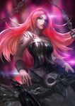  1girl alternate_costume alternate_hair_color alternate_hairstyle black_clothes cglas chain cosplay highres instrument league_of_legends long_hair pentakill redhead solo sona_buvelle tattoo 