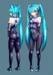  1girl aqua_eyes aqua_hair ass blush bodysuit covered_navel elbow_gloves gloves hatsune_miku headset highres long_hair pigeon-toed solo tattoo twintails very_long_hair vocaloid 