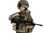  1girl acog assault_rifle blonde_hair blue_eyes bulletproof_vest camouflage gun hair_bun helmet l85 military military_uniform original rifle shibafu_(glock23) short_hair solo transparent_background uniform weapon 