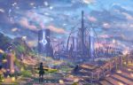  1girl blurry bou_nin braid city clouds cloudy_sky depth_of_field fantasy huge_weapon landscape light_particles long_hair original scenery silhouette single_braid sky stairs sword twilight weapon 