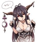  1girl ahoge bandages black_gloves black_hair breasts cleavage clenched_hands danua dress fingerless_gloves gloves granblue_fantasy highres horn_ornament horns jewelry kitiku long_hair looking_at_viewer necklace pointy_ears red_eyes simple_background solo translated white_background white_dress 