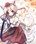  1girl animal_ears bare_shoulders blush breasts detached_sleeves hat highres inubashiri_momiji looking_at_viewer open_mouth pom_pom_(clothes) red_eyes short_hair silver_hair solo sword tokin_hat touhou weapon wolf_ears 