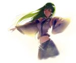  1girl backlighting bare_shoulders detached_sleeves frog_hair_ornament green_hair hair_ornament hug_(artist) kochiya_sanae long_hair long_sleeves midriff navel outstretched_arms shirt skirt skirt_set snake_hair_ornament solo touhou very_long_hair wide_sleeves yellow_eyes 