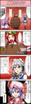  4girls 4koma bangs barrel blue_eyes braid comic double_bun dress from_behind hair_ribbon highres hong_meiling izayoi_sakuya lavender_hair long_hair looking_at_another maid messy_hair mob_cap multiple_girls open_mouth parted_bangs patchouli_knowledge pink_dress purple_hair red_background red_eyes redhead remilia_scarlet ribbon sei_(kaien_kien) short_hair silver_hair stabbing touhou translation_request tress_ribbon twin_braids 