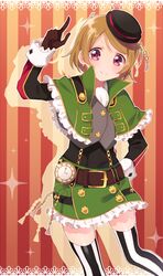  1girl belt brown_hair gloves hat koizumi_hanayo looking_at_viewer love_live!_school_idol_festival love_live!_school_idol_project pochio_xxx pocket_watch pointing pointing_up short_hair smile solo striped striped_background striped_legwear thigh-highs violet_eyes watch zettai_ryouiki 