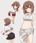  1girl amonitto bent_over bikini bikini_skirt blush breasts brown_eyes brown_hair gym_uniform hagiwara_yukiho idolmaster jewelry navel necklace open_mouth school_uniform see-through shirt skirt smile solo swimsuit white_bikini white_swimsuit 