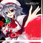  1girl :d akisome_hatsuka album_cover bat_wings blood blood_splatter brooch capelet cover danmaku embellished_costume fangs jewelry looking_at_viewer mob_cap open_mouth pointy_ears purple_hair red_eyes remilia_scarlet sash short_hair smile solo title touhou wings 