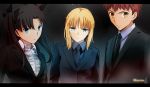  1boy 2girls ahoge artoria_pendragon_(all) black_hair blonde_hair blue_eyes dress_suit emiya_shirou fate/stay_night fate/zero fate_(series) highres long_hair magicians_(zhkahogigzkh) multiple_girls official_style saber short_hair tohsaka_rin toosaka_rin 