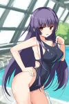  1girl bangs blunt_bangs blush breasts brown_eyes competition_swimsuit girlfriend_(kari) hand_on_hip highleg highres kagurazaka_saya large_breasts long_hair looking_at_viewer one-piece_swimsuit open_mouth purple_hair rei_no_pool smile solo swimsuit yam2344 