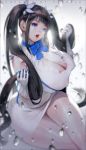  1girl black_hair blue_eyes breasts cleavage curvy dungeon_ni_deai_wo_motomeru_no_wa_machigatteiru_darou_ka female gloves hestia_(danmachi) highres huge_breasts long_hair looking_at_viewer nightmadness parted_lips rei_no_himo ribbon skindentation solo thick_thighs thighs twintails very_long_hair white_gloves 