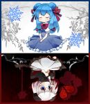  2girls blood blue_eyes blush bow broken_heart closed_eyes conchiel_monyanizumu contrast double_bun dress flower_ornament frilled_dress frills hair_bow hands_together knife komowata_(m375375) looking_at_viewer multiple_girls payot rotational_symmetry short_hair smile snowflakes symmetry towelket_wo_mou_ichido upside-down warawaw_nyamunyamu white_hair 