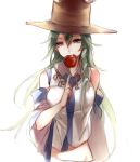  1girl backlighting bare_shoulders bottomless candy_apple detached_sleeves eating green_hair hair_ornament hat hug_(artist) kochiya_sanae long_hair long_sleeves midriff naked_shirt out-of-frame_censoring pyonta shirt snake_hair_ornament solo touhou very_long_hair wide_sleeves yellow_eyes 