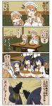  4koma black_hair bowl brown_eyes brown_hair chopsticks closed_eyes comic diving_mask_on_head drill_hair eating food fusou_(kantai_collection) headgear highres japanese_clothes kantai_collection littorio_(kantai_collection) long_hair maru-yu_(kantai_collection) noodles onigiri open_mouth puchimasu! ramen school_swimsuit short_hair sleeveless slurping swimsuit table translation_request yamashiro_(kantai_collection) yuureidoushi_(yuurei6214) 