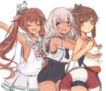  3girls :d ^_^ armpits bare_arms blonde_hair brown_hair closed_eyes fang hair_ornament i-401_(kantai_collection) kantai_collection libeccio_(kantai_collection) lifebuoy long_hair multiple_girls open_mouth riruno ro-500_(kantai_collection) sailor_collar sailor_dress school_swimsuit school_uniform serafuku smile swimsuit swimsuit_under_clothes tan twintails 