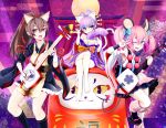 3girls a_(show_by_rock!!) animal_ears barefoot breasts cat_ears cat_tail cleavage daru_dayu daruma_doll detached_sleeves fox_ears instrument ishikkoro japanese_clothes kimono kimono_skirt kiseru leg_warmers long_hair looking_at_viewer multiple_girls off_shoulder pink_hair pipe ponytail purple_hair shamisen show_by_rock!! smile tail un_(show_by_rock!!) v yellow_eyes 