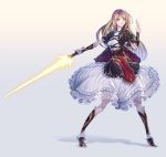  1girl adapted_costume blonde_hair boots breasts detached_sleeves frills full_body gradient_hair hijiri_byakuren holding long_hair multicolored_hair puffy_sleeves purple_hair short_sleeves solo sword touhou weapon yellow_eyes zounose 