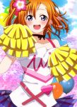  1girl :d balloon bare_shoulders blue_eyes cherry_blossoms choker collarbone flower hair_flower hair_ornament happy_maker! heart kousaka_honoka looking_at_viewer love_live!_school_idol_project open_mouth orange_hair pom_poms rakkyo_01 ribbon_choker side_ponytail skirt smile solo upper_body 