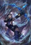  1girl armlet arrow ashe_(league_of_legends) blue_legwear bow bow_(weapon) cglas drawing_bow gloves highres hood league_of_legends long_hair solo thigh-highs watermark weapon web_address white_hair 