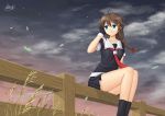  1girl absurdres ahoge artist_request black_serafuku blue_eyes braid brown_hair fence gloves hair_flaps hair_ornament highres kantai_collection pleated_skirt remodel_(kantai_collection) school_uniform serafuku shigure_(kantai_collection) single_braid sitting sitting_on_fence skirt sky smile wheat wind 