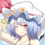  1girl ;p bat_wings blue_hair bow collarbone fami_(yellow_skies) hat hat_bow looking_at_viewer one_eye_closed portrait red_eyes remilia_scarlet short_hair smile solo tongue tongue_out touhou wings winking 