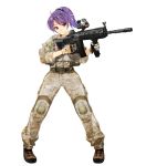  1girl absurdres artist_request character_request copyright_request full_body gun highres hk416 holding light_smile ponytail purple_hair simple_background solo violet_eyes weapon white_background 