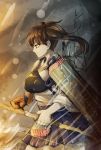  1girl bow brown_hair expressionless flat_gaze flight_deck gloves highres kaga_(kantai_collection) kantai_collection looking_afar muneate muted_color porupu quiver side_ponytail sketch skirt solo water 