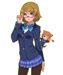  2girls ;3 animal_ears black_legwear blush brown_hair cat_ears cat_tail chibi glasses heart hoshizora_rin koizumi_hanayo kugi_ta_hori_taira looking_at_viewer love_live!_school_idol_project multiple_girls orange_hair pantyhose plaid plaid_skirt school_uniform short_hair simple_background skirt smile tail violet_eyes white_background 