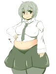  1girl belly big_belly black_eyes breasts collared_shirt fat highres long_sleeves looking_at_viewer miniskirt navel necktie nengorogoro original pantyhose shirt short_hair silver_hair skirt solo sweat tareme thick_thighs thighs undersized_clothes wide_hips 