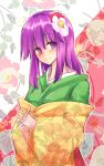  1girl blush flower hair_flower hair_ornament hazuki_kyou hieda_no_akyuu highres japanese_clothes kimono purple_hair solo steepled_fingers touhou violet_eyes 